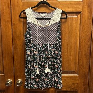 Umgee Black Floral Dress with Lace Detail